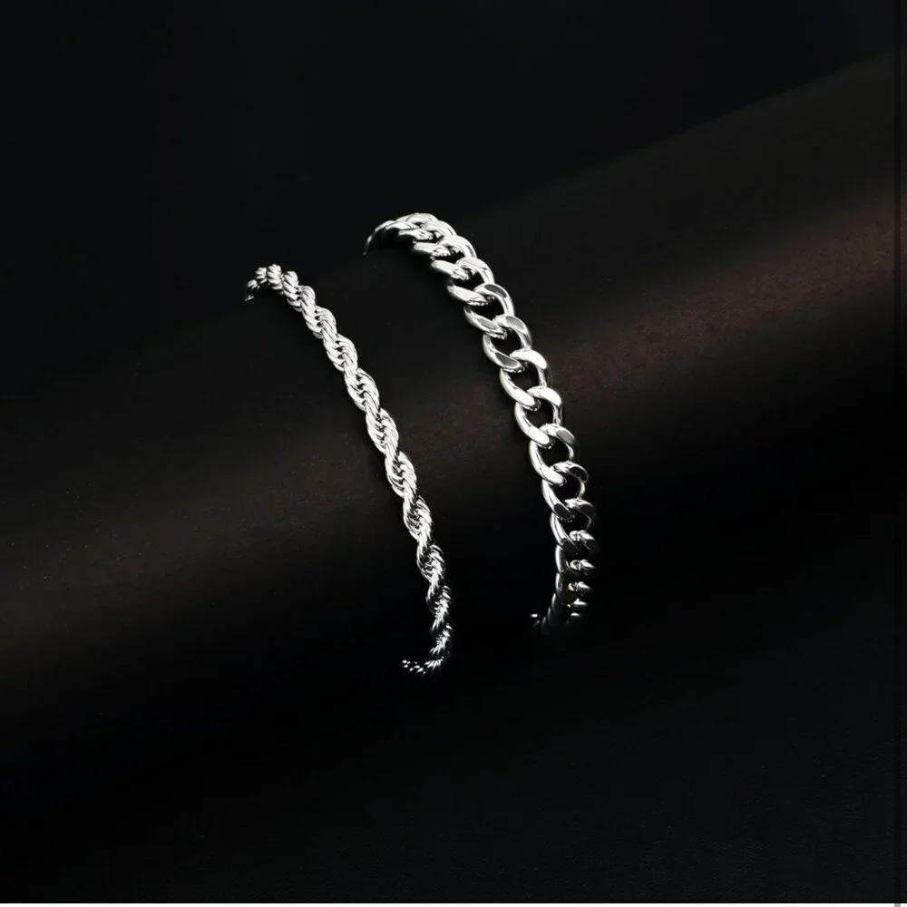 Silver Cuban Chain Bracelet Set, Waterproof Stainless Steel, Adjustable